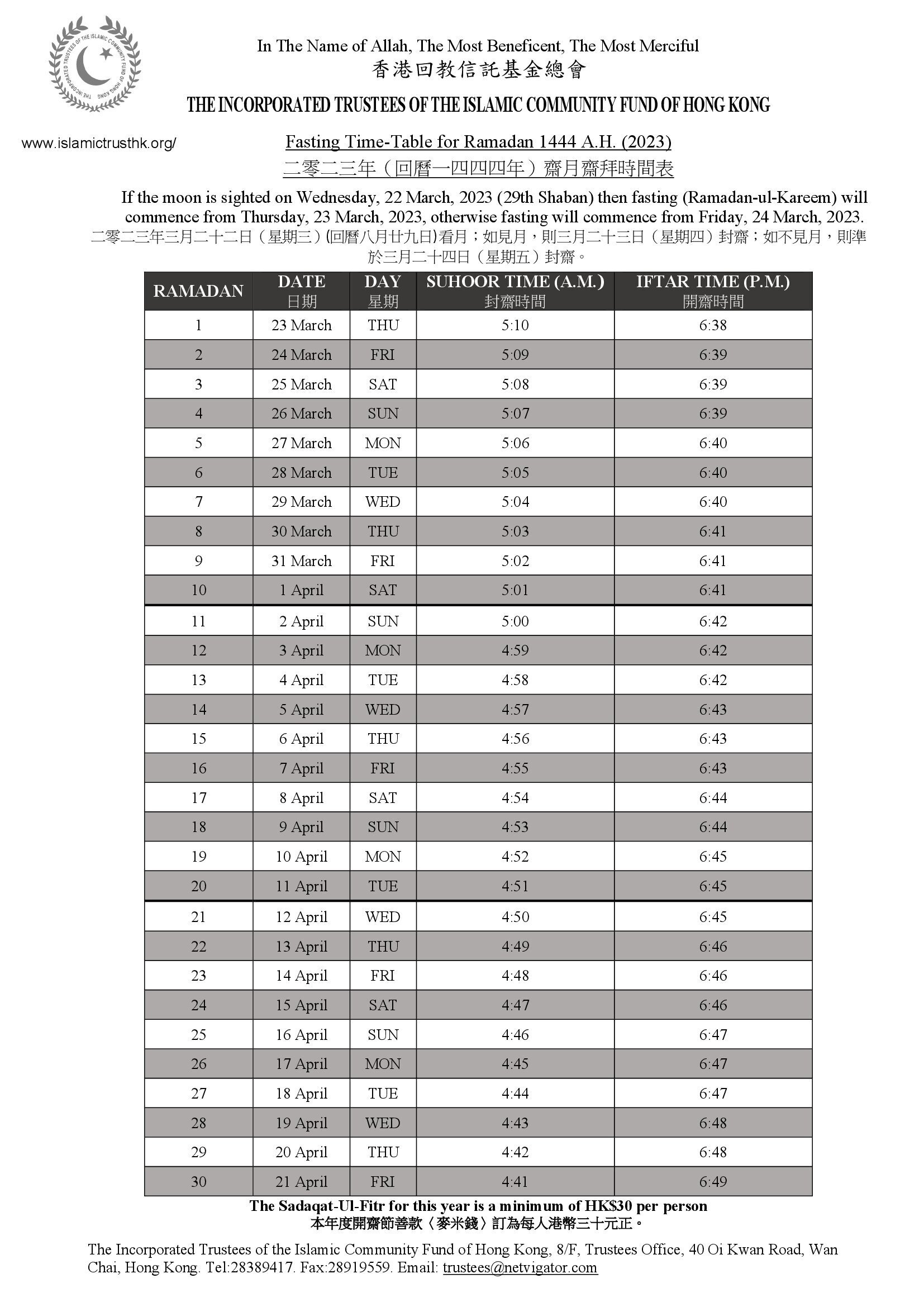 Ramadan Fasting and Taravih Timetable 2023